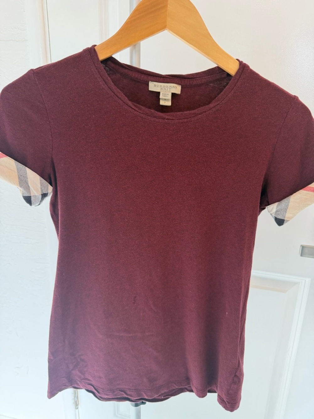 Burberry Maroon Short Sleeve Tee with Signature Check Sleeve Trim